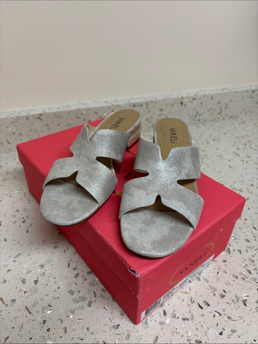 Vaneli Silver Textured Open-Toe Slide Mules